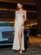 D&M Slim Fit Satin Patchwork Dress With Silver Studs, Thick Straps, Slit, Elegant Evening Party Dress